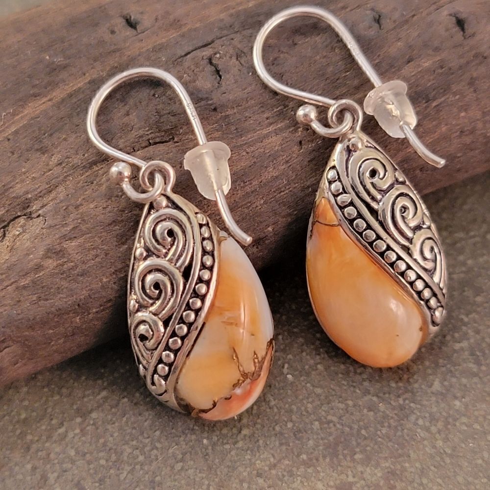 Sterling Orange White Agate Pear Cab Swirl Bezel Earrings